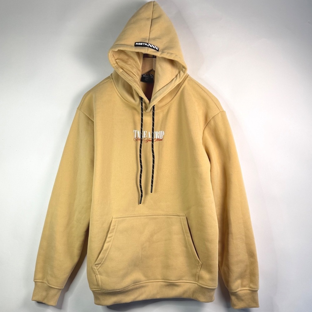 RGSTR Mens Take A Trip Relax‎ Your Mind Mushroom Skull Graphic Hoodie Tan Large